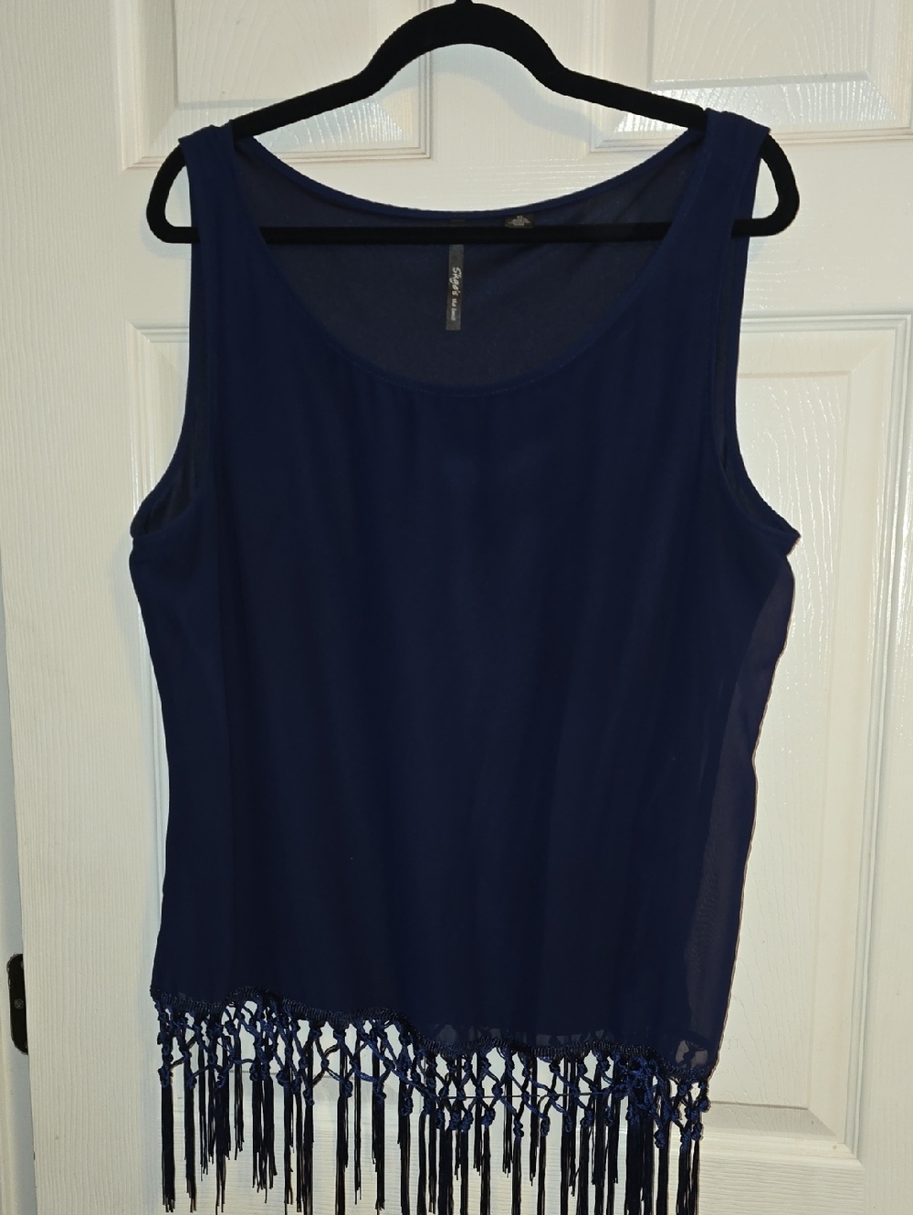 Skye's the Limit Navy Sleeveless Tank with Fringe Hem